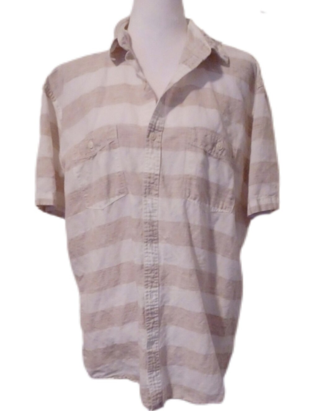 ** Express Men’s Beige and White Striped Short Sleeve Button-Up Shirt Size XL